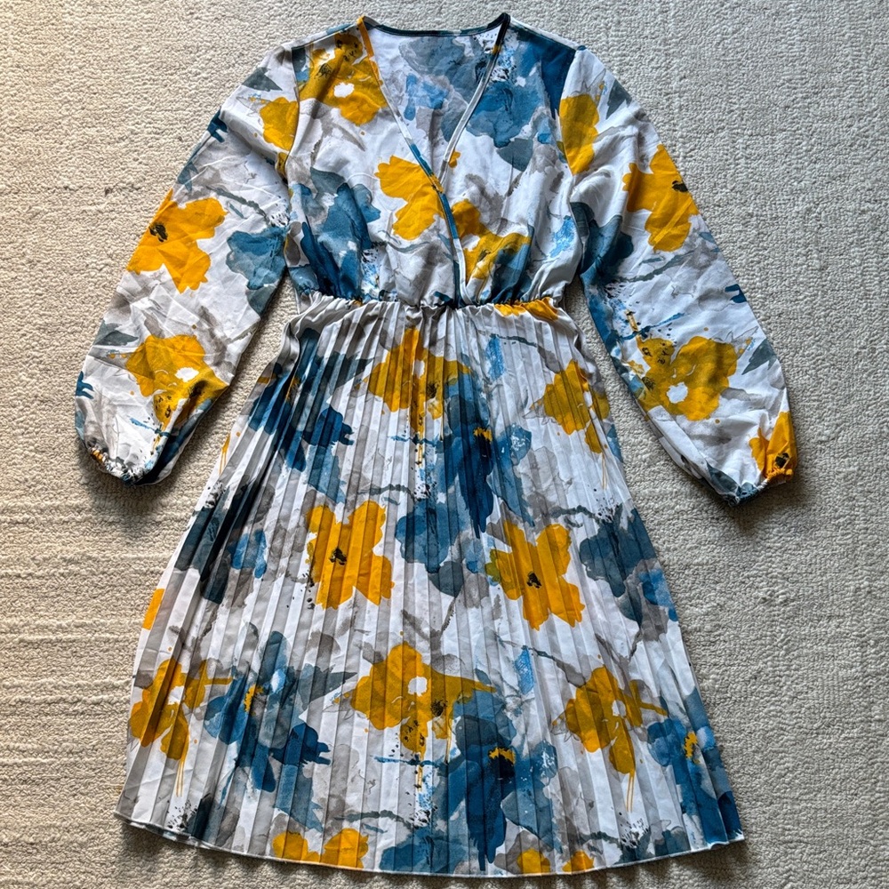 SHEIN White Floral Pleated Long Sleeve Midi Dress with Yellow & Blue Print